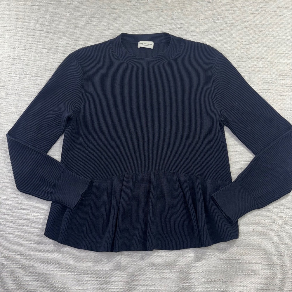 Dries Van Noten Navy Blue Ribbed Cotton Peplum Knit Top XS Italian Yarn
